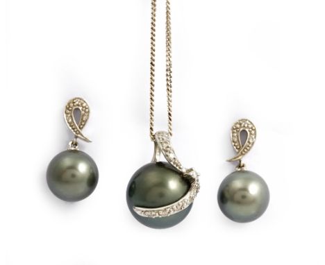 A 9ct white gold, grey tinted Tahitian cultured pearl and diamond set pendant, in an abstract design, with a silver neckchain