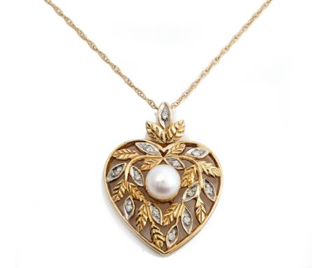 A 9ct gold, diamond and cultured pearl pendant, in a heart shaped design, with foliate motifs mounted with circular cut diamo