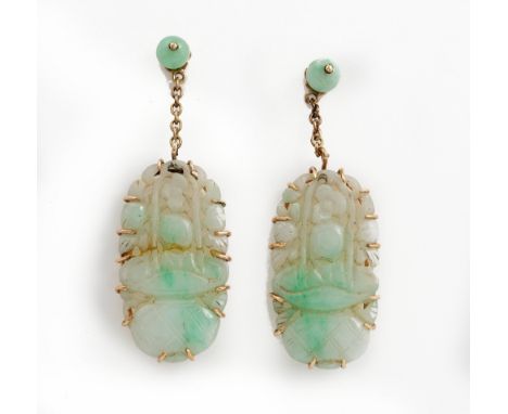 A pair of gold mounted jade pendant earrings, each oval drop with carved and pierced decoration and with a bead surmount, the
