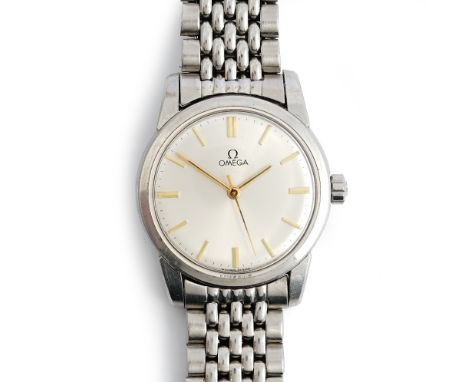 An Omega steel circular cased gentleman's wristwatch, the signed silvered dial with gilt baton numerals to a manual wind move