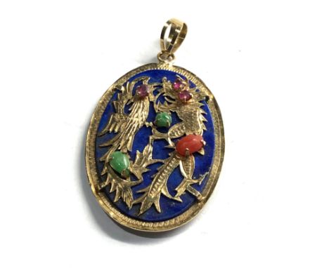 14ct gold vintage lapis lazuli, carnelian, ruby &amp; emerald set oriental phoenix and dragon pendant (4.3g) 