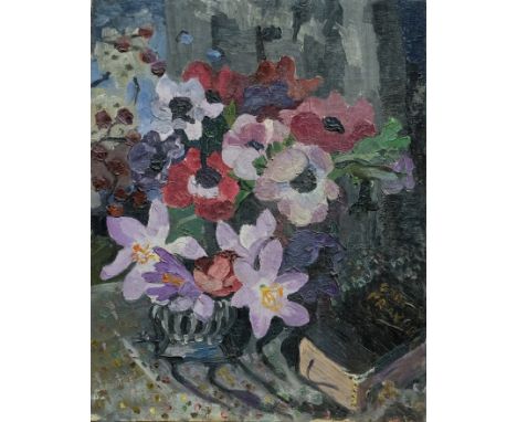 *Lucy Harwood (1893 - 1972), oil on canvas - still life of flowers and a prayer book, signed verso, unframed, 53cm x 43cm CON