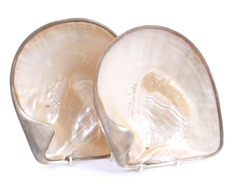 Pair of Edwardian silver mounted mother of pearl caviar dishes, by William Hutton & Sons Ltd, London 1908, 23cm wide