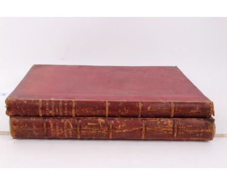 Two volumes - Etchings by John Sell Cotman, Architectural Antiquities Of Norfolk, published by Henry Bohn 1938, in half-calf 