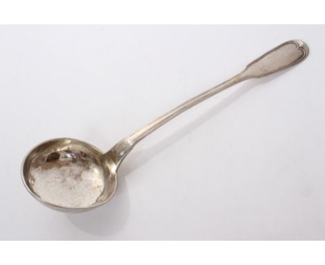 French silver fiddle and thread pattern serving ladle with engraved initials to underside of terminal, with marks, possibly f