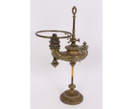 19th century German brass students' oil lamp of classical Roman oil lamp form, marked - Vesta Wild & Wessel Berlin, raised on