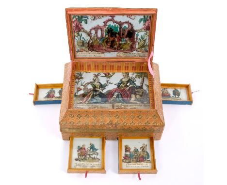 Early 19th century French straw-work courtship casket of rectangular cushion form, the slightly domed top hinging to reveal c