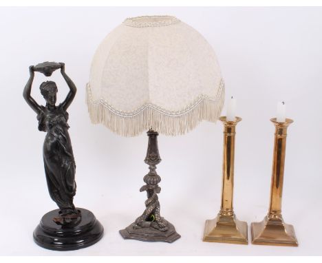 1920s silver plated electric table lamp with dolphin supports, another in the form of a classical female and pair Georgian br