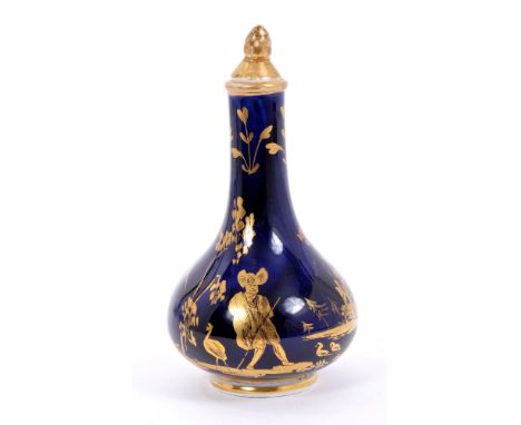 Early 19th century Derby blue and gilt scent bottle with gilt pineapple stopper, gilt exotic bird and figure decoration on bl