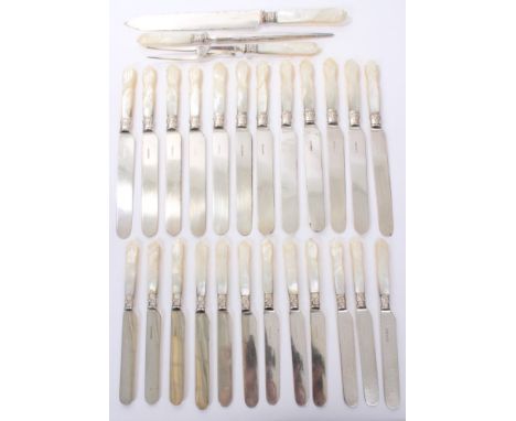 Set of twelve 19th century plated dinner knives with carved mother of pearl handles, together with twelve matching dessert kn
