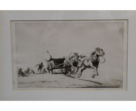 George Soper (1870 - 1942), signed etching - the runaway hay cart, in glazed gilt frame, 22cm x 35cm CONDITION REPORT Glazed 