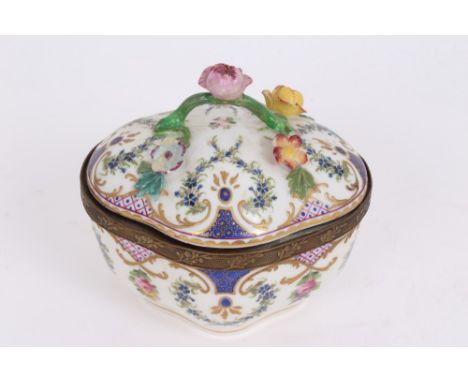 Late 19th century Dresden gilt metal mounted inkwell and cover with polychrome painted floral decoration, with two interior i