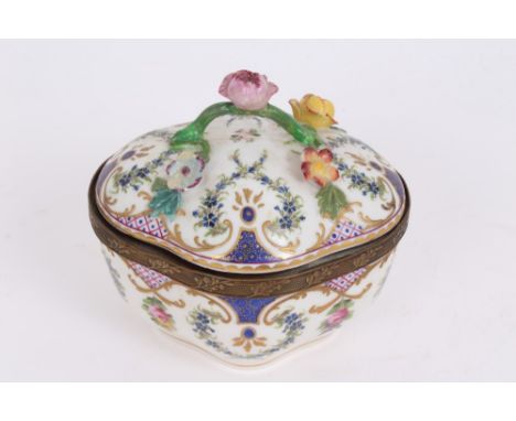 Late 19th century Dresden gilt metal mounted inkwell and cover with polychrome painted floral decoration, with two interior i