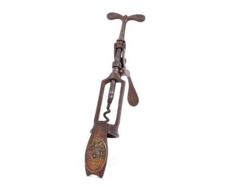 Rare Victorian Charles Hull 1864 Patent Royal club single lever corkscrew, roller mechanism, the badge marked, 25.5cm long
