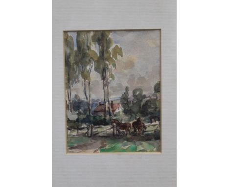 Thomas Churchyard (1798 - 1865), watercolour - horses before a gate with farm beyond, in glazed gilt frame, 13cm x 10cm