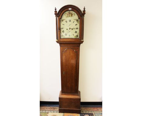 George IV eight day longcase clock with painted arched dial, signed - R. Fowell East Grinstead, painted with birds, fruit and