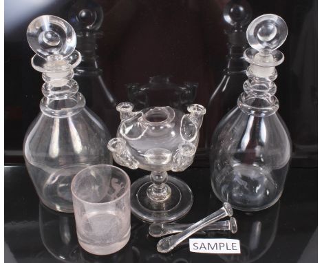 Two George III ring-neck decanters with target stoppers, Georgian lacemakers' lamp and lot Georgian and later drinking glasse