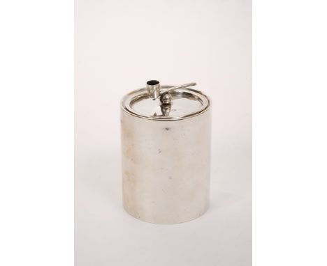 Edwardian silver tobacco box of cylindrical form, with push-fit lid and raised finial in the form of a pipe (Birmingham 1901)