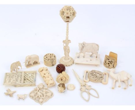 Collection late 19th / early 20th century ivory ornaments - including Japanese terrapin encrusted seal handle, Chinese puzzle