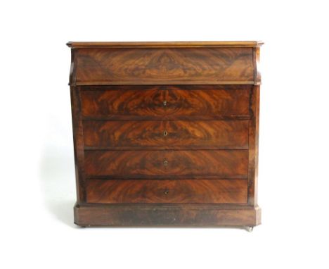 Mid-19th century French mahogany washstand chest with rising top enclosing mirror and marble-lined recess, four long drawers 