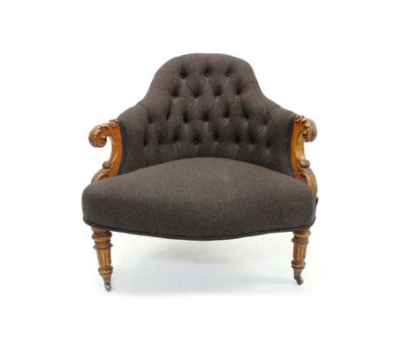 Unusual William IV walnut corner chair button upholstered in designed Paul Smith fabric, with carved scroll arms and three la