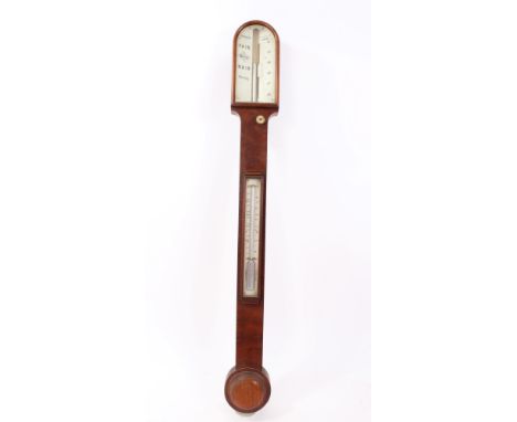 Victorian stick thermometer / barometer with ivory scales, signed - H. Hughes, London, in mahogany case with arched top, 92cm