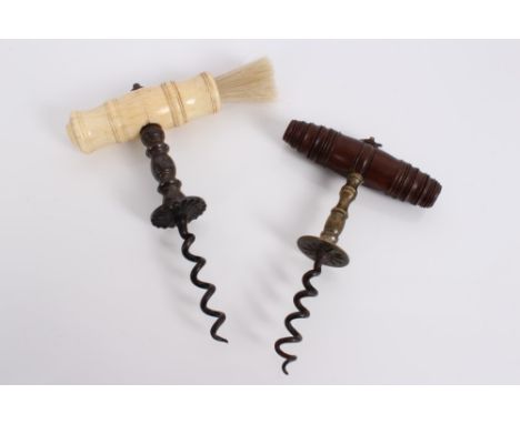 19th century steel and bone corkscrew, the ring-turned bone handle with brush holes, together with 19th century turned wood a