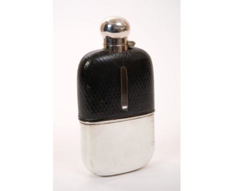 Victorian silver mounted hip flask with domed hinged bayonet fitting cap, black leather covered body and removable cap with g