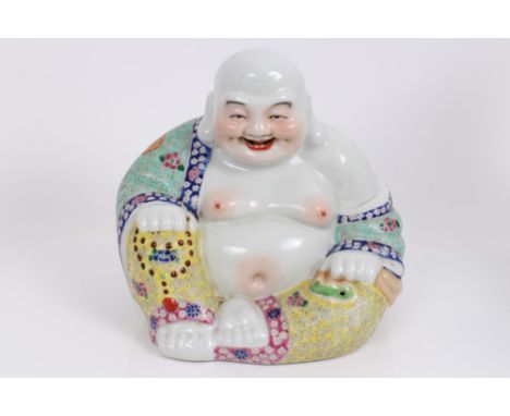 Chinese Republic porcelain figure of Buddha in seated pose, with polychrome decoration - impressed seal mark to base , 24cm h