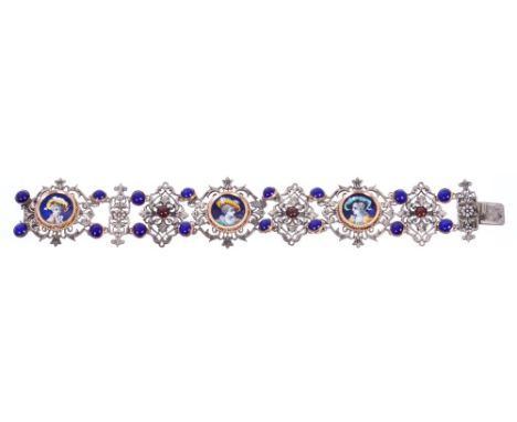 Unusual late 19th / early 20th century Continental bracelet with three circular enamel plaques with portrait miniatures and p
