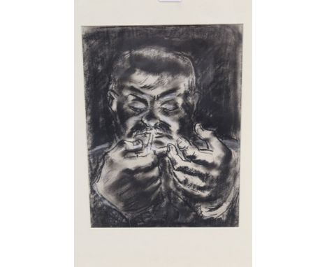 *Colin Moss (1914 - 2005), charcoal - portrait of a man lighting a cigarette, circa 1950, in glazed frame, 37cm x 27cm