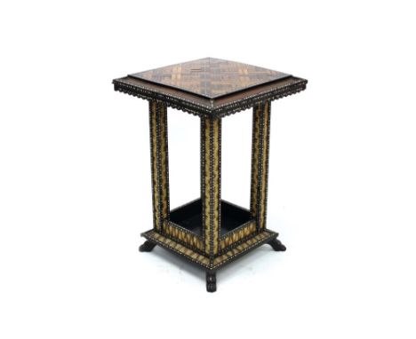 Antique Ceylonese ebony specimen wood, ivory and porcupine inlaid occasional table, the square parquetry inlaid top raised on