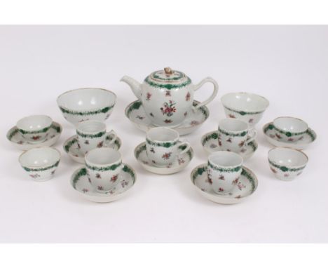 Late 18th century Chinese famille rose porcelain teaware with green leaf borders and polychrome floral sprays - comprising te