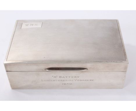 1930s silver cigarette box of rectangular form, with domed hinged cover with engine-turned decoration and cedar wood interior