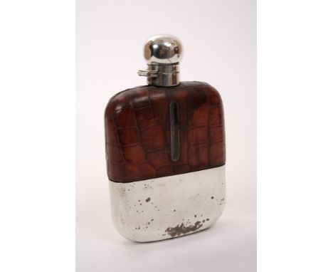 Edwardian silver mounted hip flask with domed hinged bayonet fitting cap, crocodile-leather covered body and removable cup wi