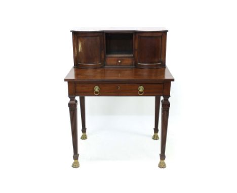Regency mahogany bonheur du jour with rear superstructure - comprising twin bowed doors, flanking open shelf and frieze drawe