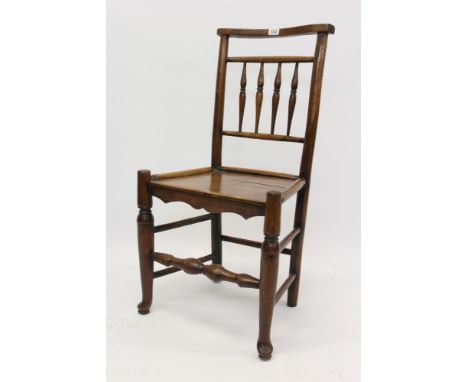 Early 19th century Staffordshire beech and elm stick back chair with solid seat on turned and block understructure 