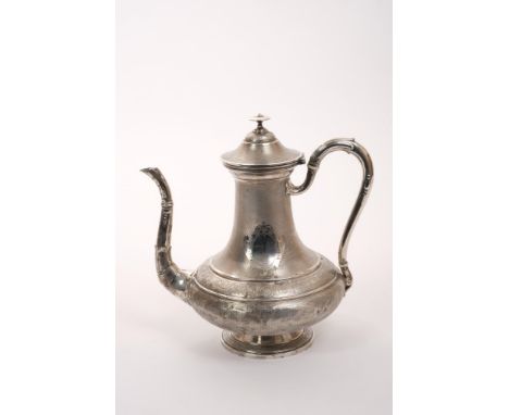 19th century French silver coffee pot of baluster form, with engine-turned decoration, domed hinged push-fit cover, loop hand
