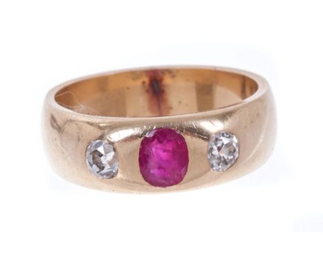 Victorian ruby and diamond three stone ring with oval cut ruby and two old cut diamonds estimated to weigh approximately 0.30