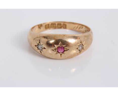 Ruby and diamond three stone Gypsy ring in 18ct gold star-shape setting (Birmingham 1915).  Ring size P CONDITION REPORT Appr