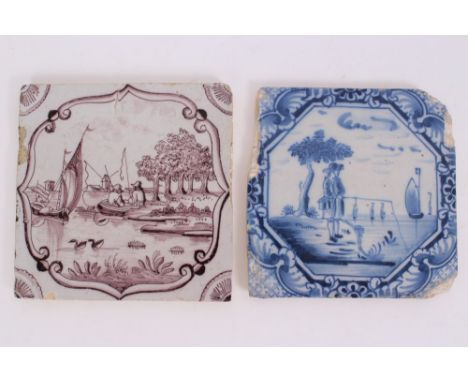 Two 18th century English Delft tiles - in blue and white and manganese, 13cm CONDITION REPORT As per photographs, losses to g