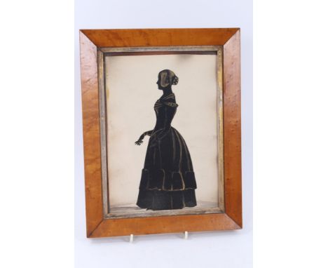 19th century full-length silhouette portrait of a young lady, in original glazed maple frame, inscribed verso - 'Ruth Root, W