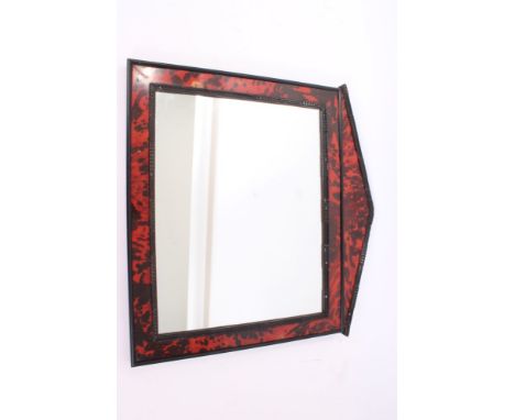 19th century scarlet tortoiseshell and ripple moulded wall mirror of architectural form, shallow pediment, 44cm x 48cm