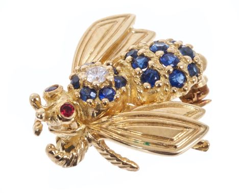 Tiffany & Co. novelty Bee brooch with a brilliant cut diamond, circular cut blue sapphires and ruby eyes, in 18ct gold settin