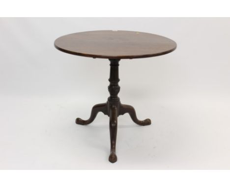 Good George III mahogany occasional table with solid circular tilt-top on turned column with spiral carved knop and cabriole 