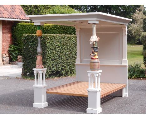 Unique and eccentric modern painted wood and polychrome ceramic tester bed by Chas. Bazeley, the canopy raised on column supp