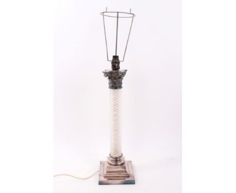 Good quality Edwardian silver plated and cut glass Corinthian column electric table lamp with diamond cut column and stepped 