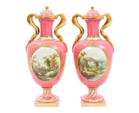 Pair good quality mid-19th century porcelain - possibly Copeland vases and covers with finely painted castles on landscape re
