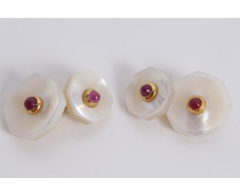 Pair contemporary mother of pearl cufflinks with ruby cabochons and silver gilt mounts