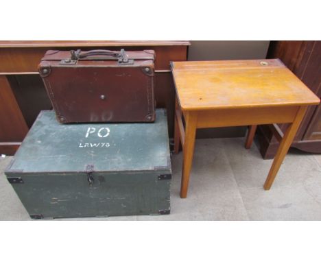 A child's desk together with a painted trunk, shoe cleaning box and a leather suitcase